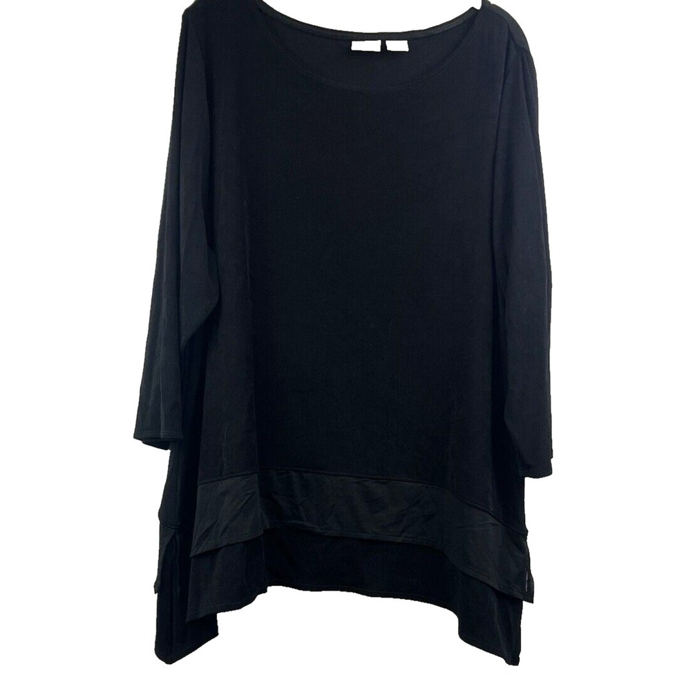 Chicos Travelers‎ Top XL Solid Black Layered 3/4 Sleeve Stretch Bohemian Tunic